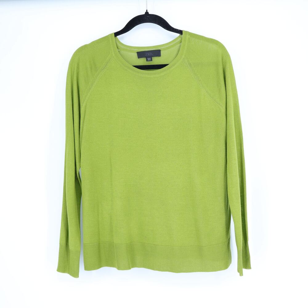 ZARA Fine Knit Pullover Sweater Chartreuse Green Crew Neck Long Sleeve Women's M